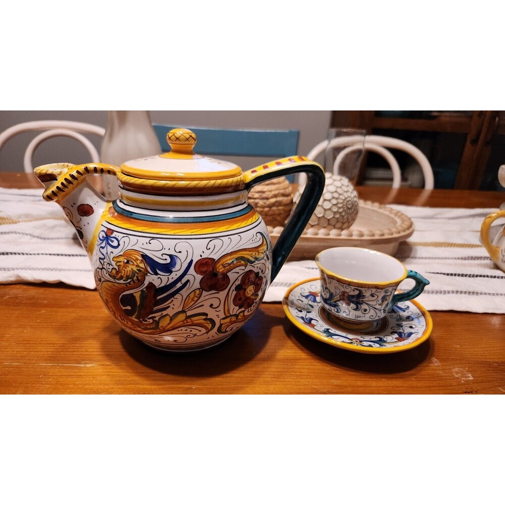 Deruta Italian Pottery Teapot Teacup And Saucer LOT  hand painted